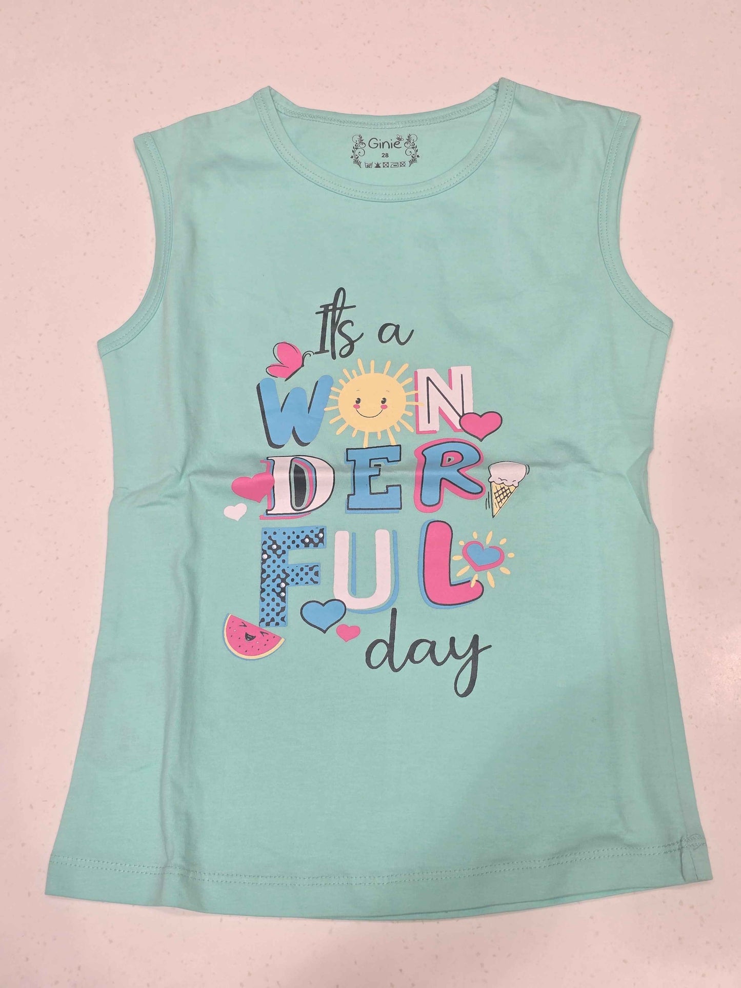 Girls Pista Green Cotton Sleeveless T Shirt