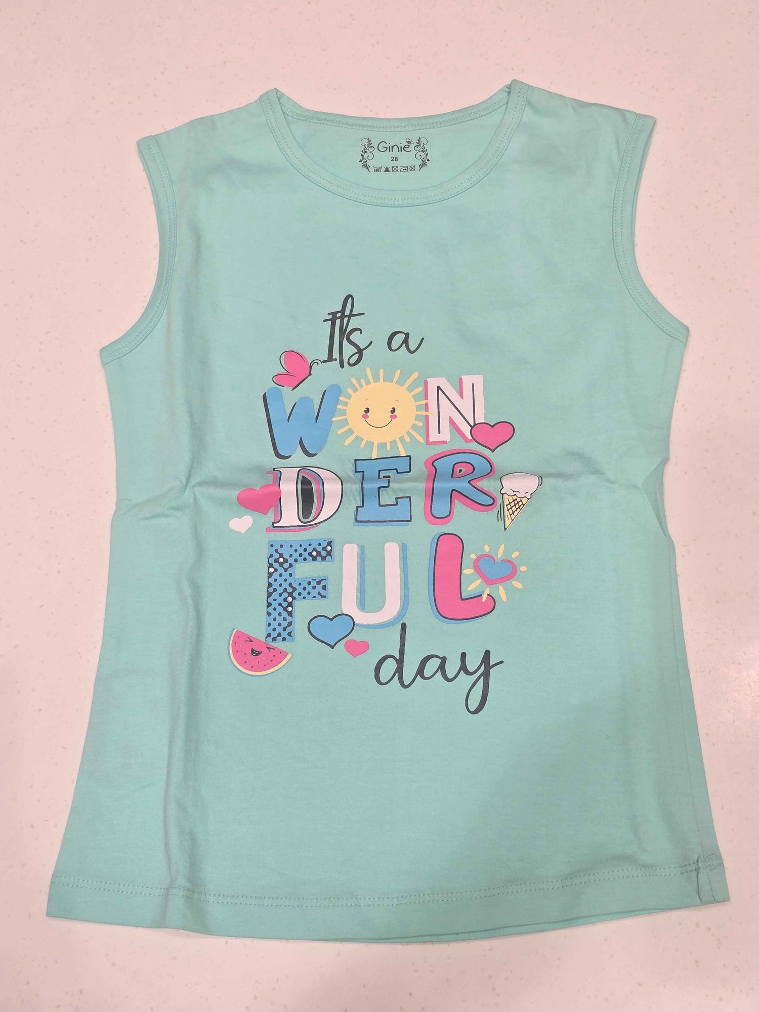 Girls Pista Green Cotton Sleeveless T Shirt