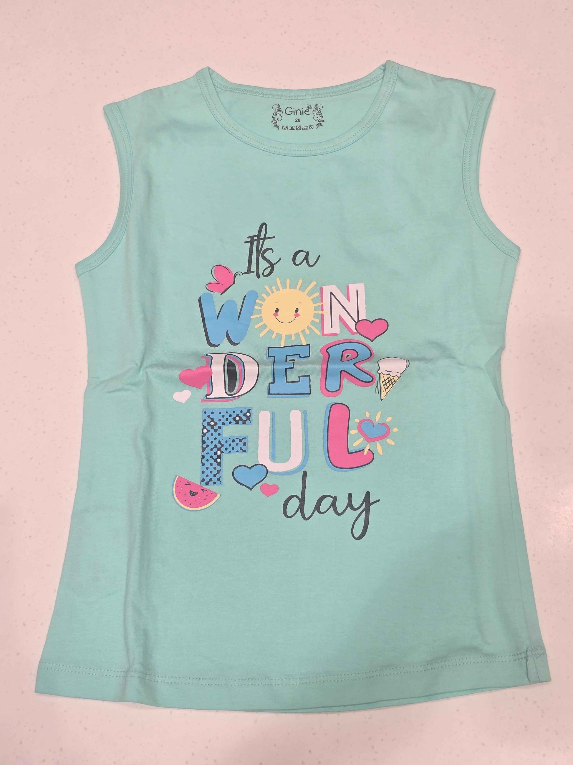 Girls Pista Green Cotton Sleeveless T Shirt