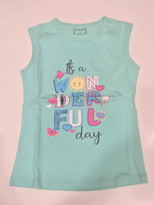 Girls Pista Green Cotton Sleeveless T Shirt