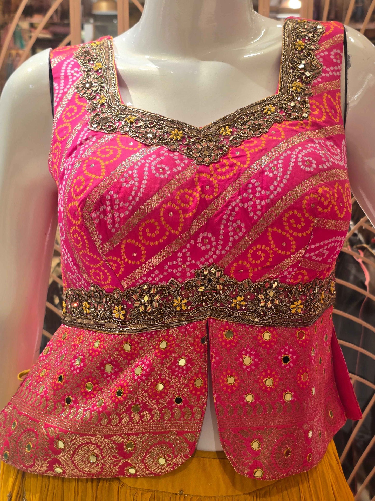 Women Yellow Pink Bandhani Silk Lehenga Set