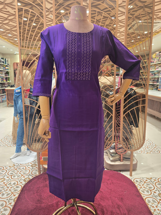 Women’s Silk Mix Straight Kurta in Purple with Sequins Work, Round Neck and ¾th Sleeves for Daily and Casual Wear