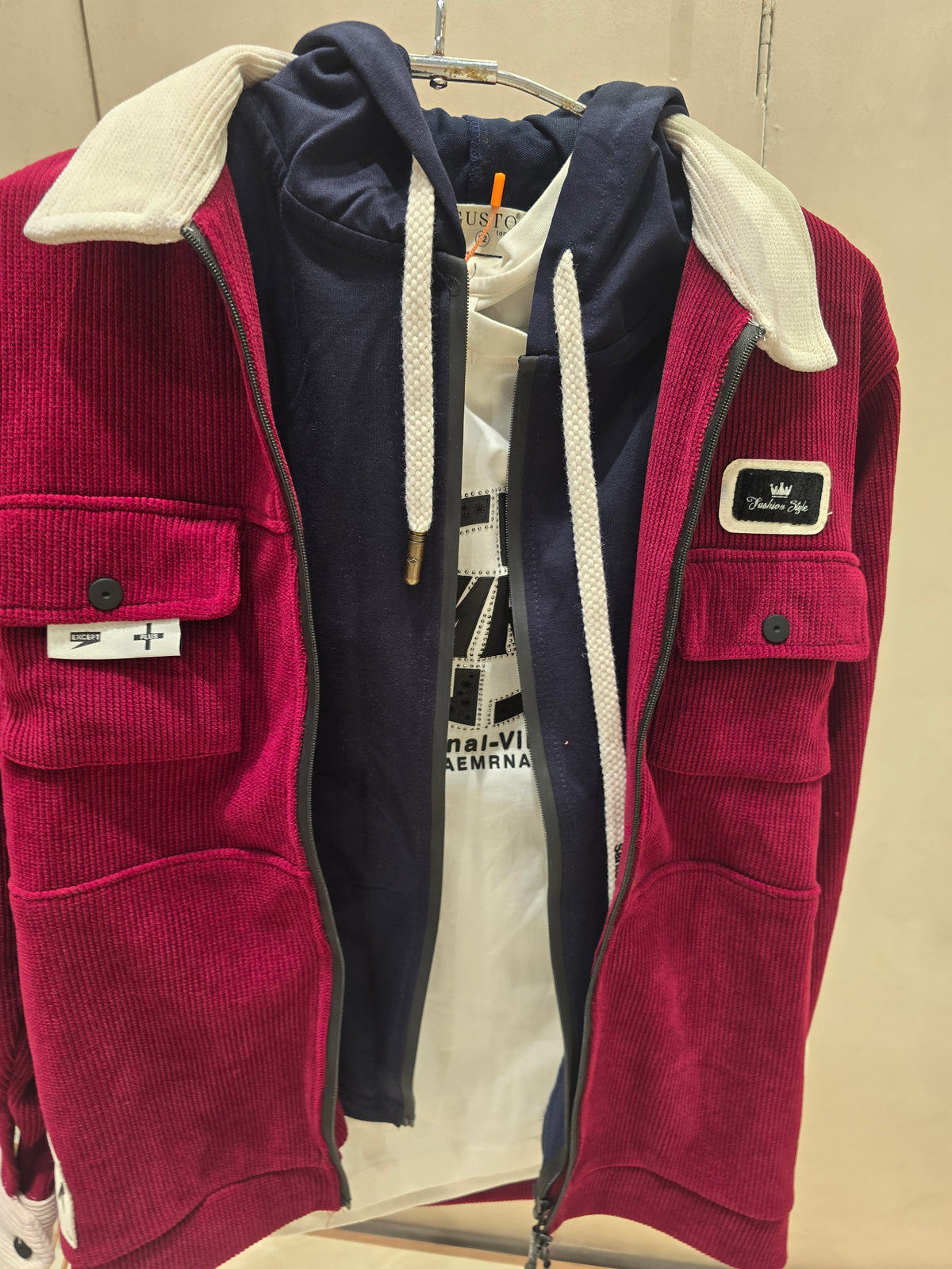 Pintex Corduroy Maroon Jacket with Detachable Cap, Cuff-Striped Full Sleeves & Dual-Zip Design Paired with Pure Cotton Printed T-Shirt (Age 8)