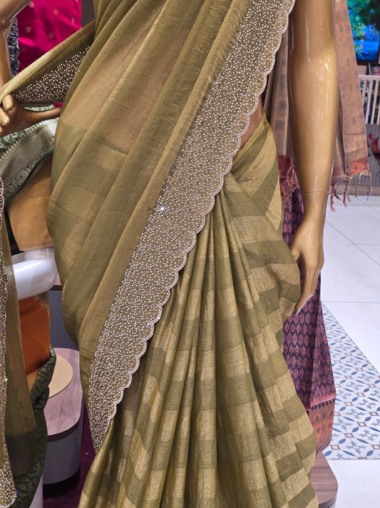 Mehendi Green Organza Designer Saree with Stone Cutwork Border