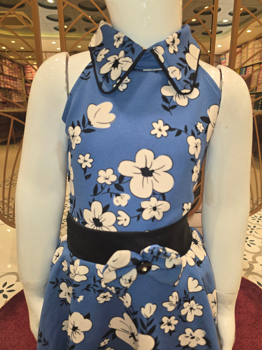 Girls Blue White Hosiery Western Frock