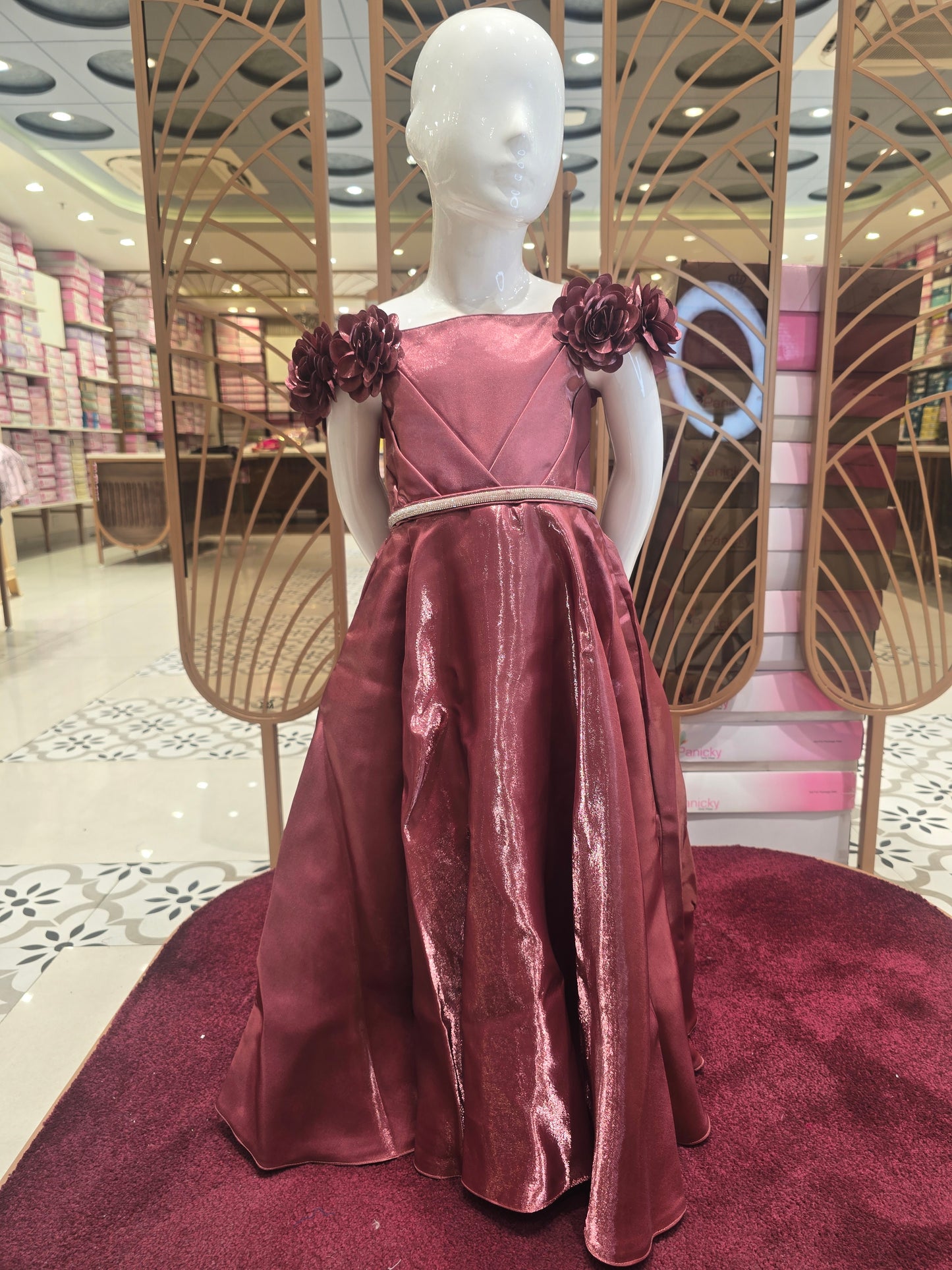 Brick Colored Satin Western Party Wear Gown for Girls with Spaghetti Cold Shoulder Style, Rose Flower Detail and Attachable Waist Belt