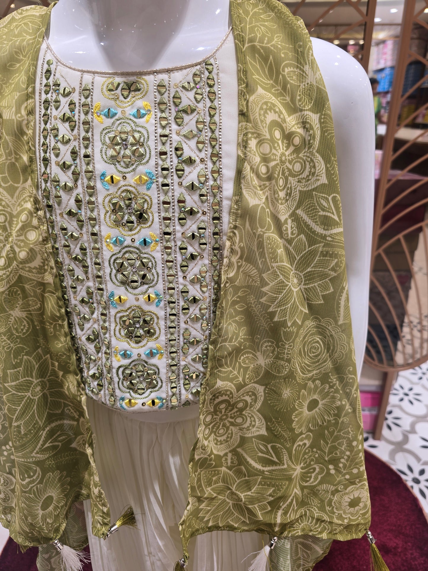 Half White Crepe Chiffon Indo Western Palazzo Set for Girls with Printed Open Jacket & Crush Fabric Bottom – 3 Piece Ethnic Set