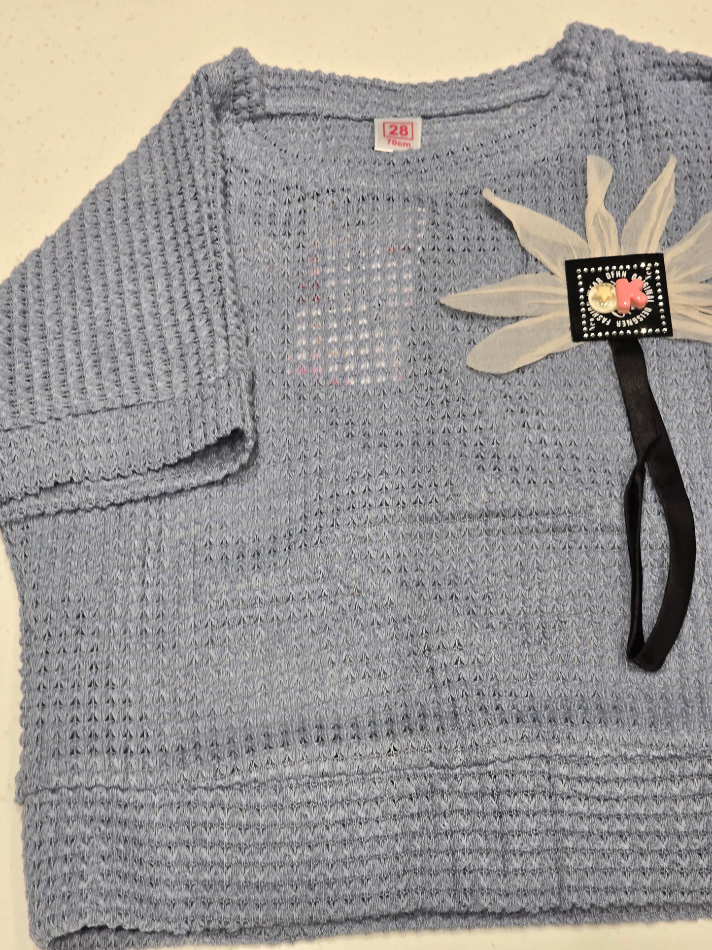 Grey Waffle Knit Cotton Top for Girls with Mesh Flower Embellishment