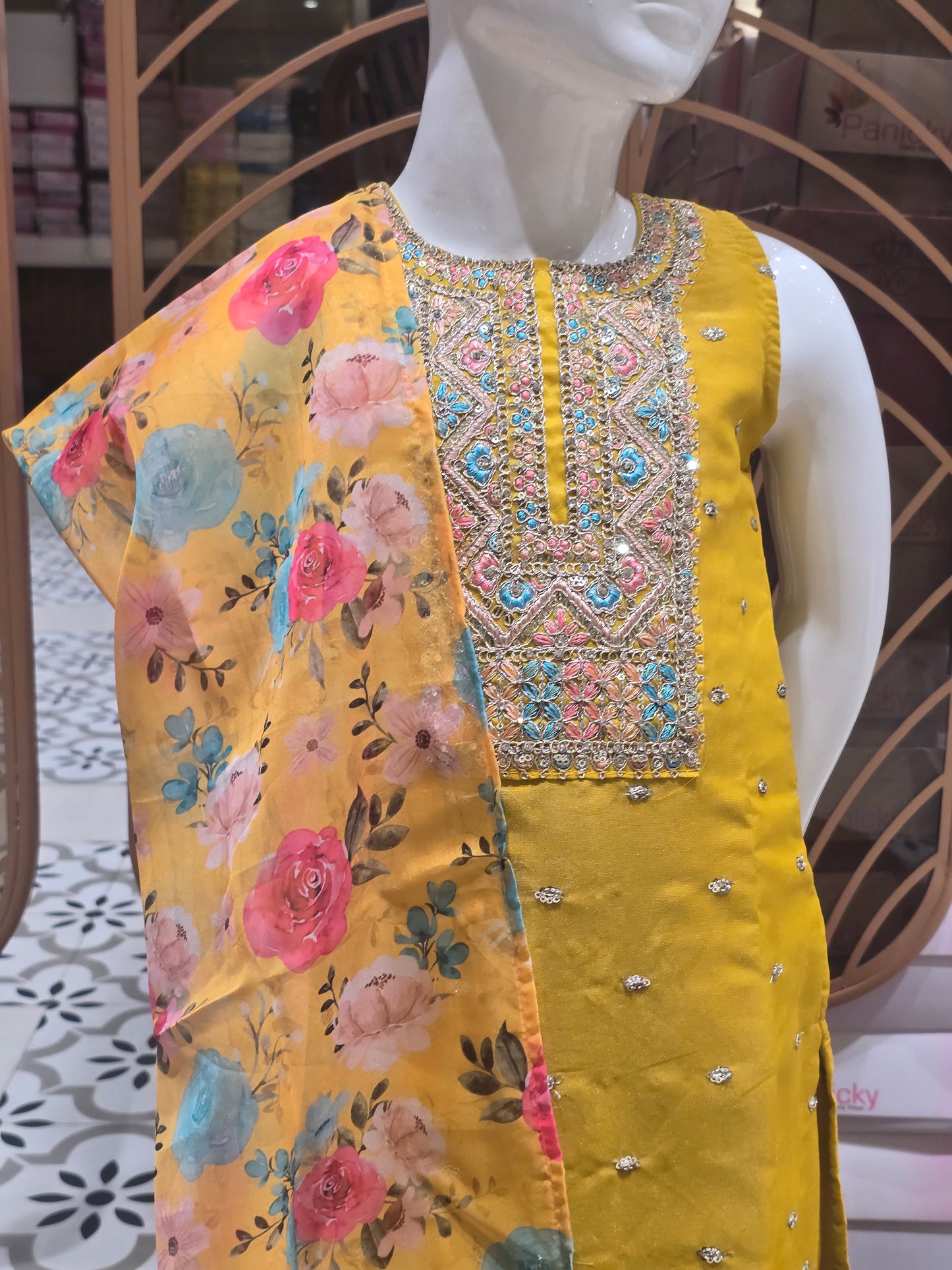 Girls Mustard Yellow Tissue Sharara Set with Embroidered Round Neck and Floral Dupatta