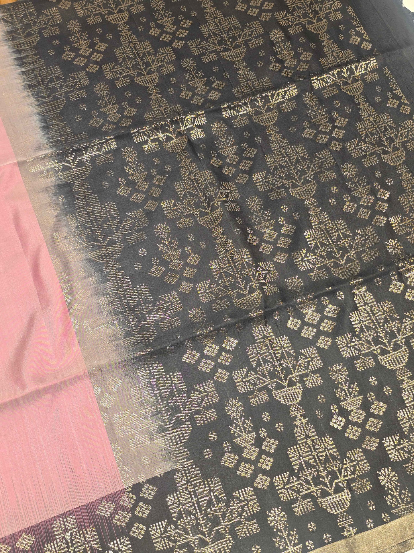 Pure handloom softsilk onion pink with black colour and triangles motifs