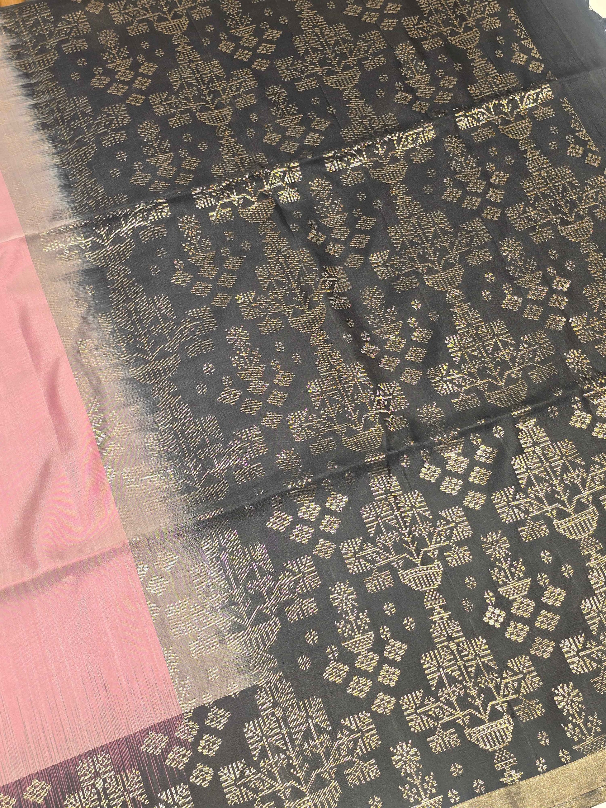Pure handloom softsilk onion pink with black colour and triangles motifs
