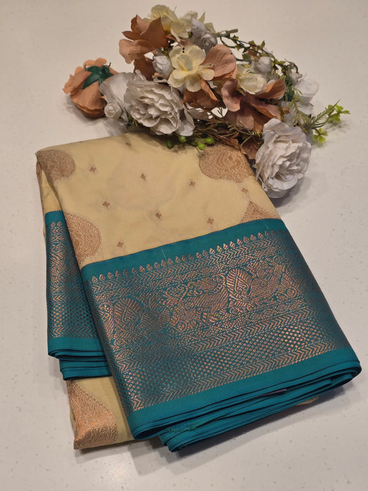 Semi Kanjivaram muhurtham saree with leaf styled vertical motifs & small butta with rich pallu , traditional border