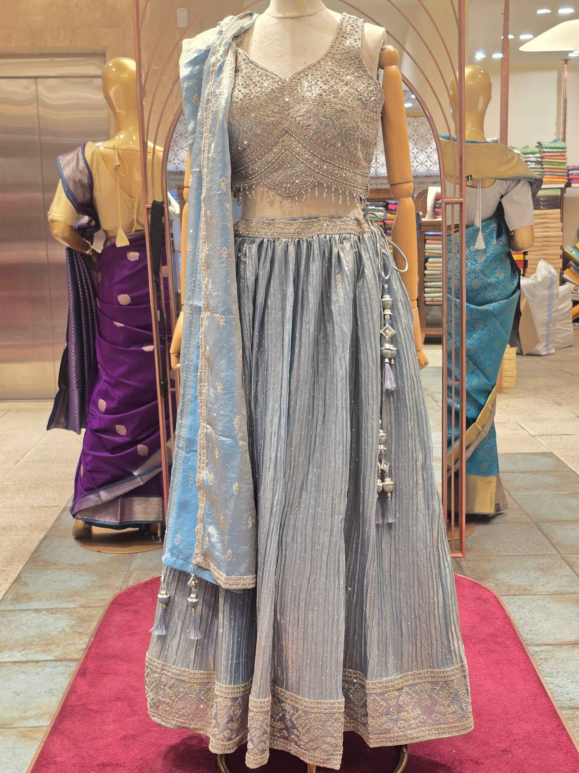 Tissue Material blue colour lehenga with handwork