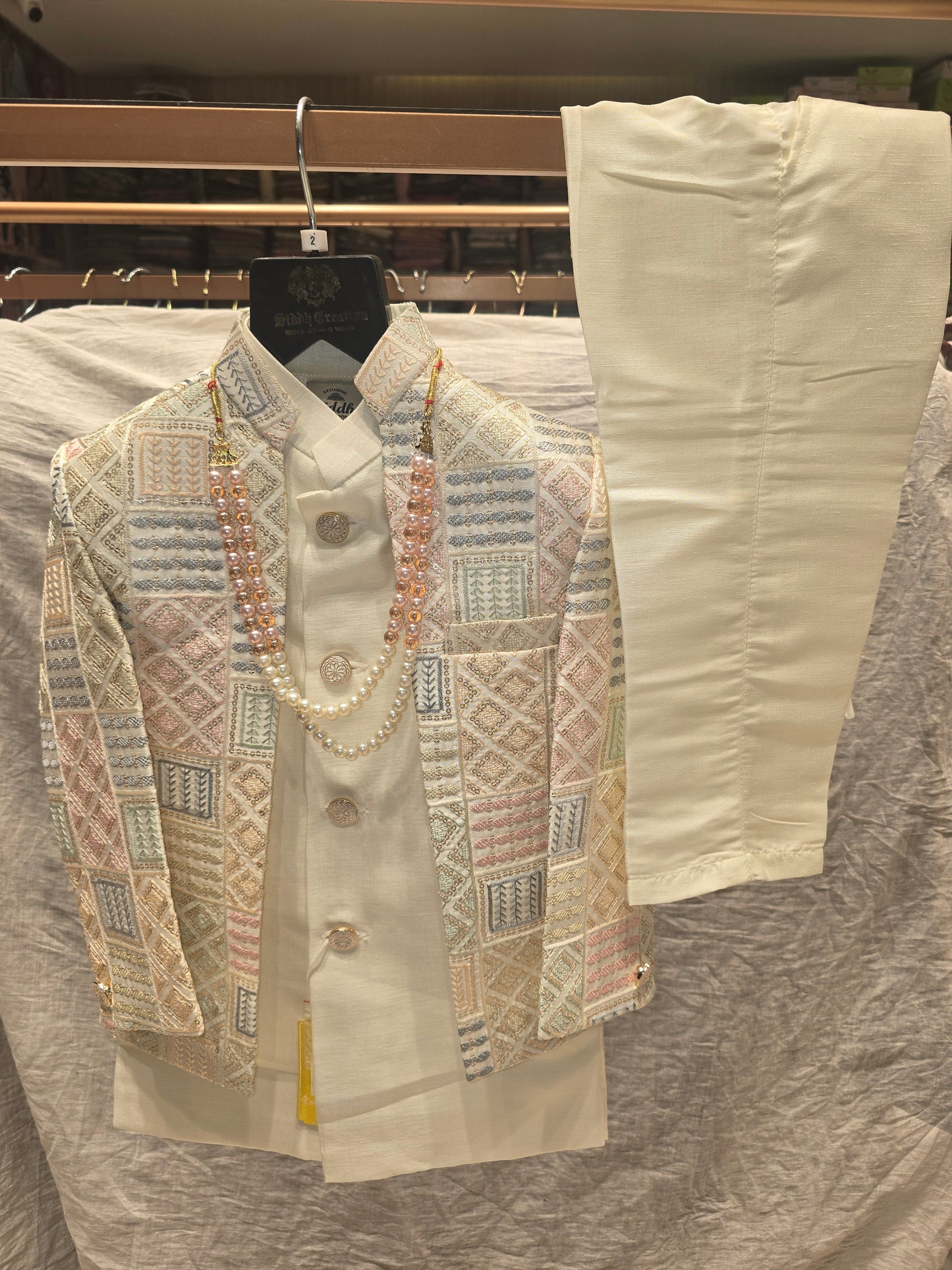 Boys Cream Dupion Silk Indo-Western Set with Multicolour Embroidery and Mala