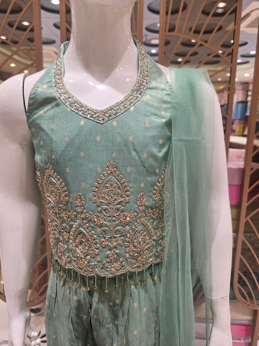Pista Green Banarasi Silk Indo Western Palazzo Set for Girls with Stone Embroidery, Half-Collared Top & Net Dupatta – 3 Piece Ethnic Set