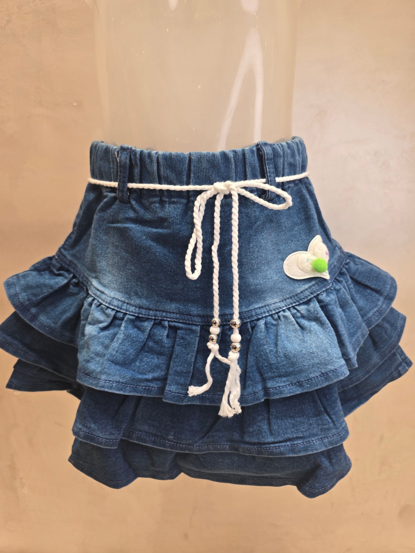Blue Denim Lycra Skirt for Girls with Side Bow Design, White Knitted Lace Detailing and Elastic Waistband