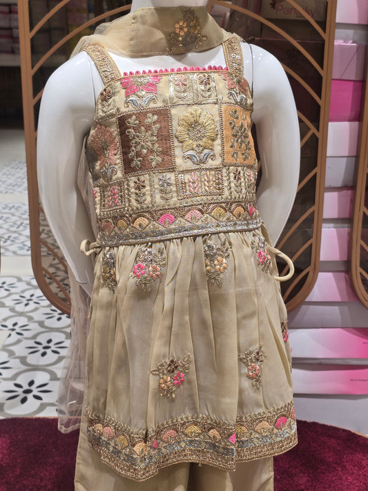 Girls Cream Tissue Sharara Set with Umbrella Slit Design