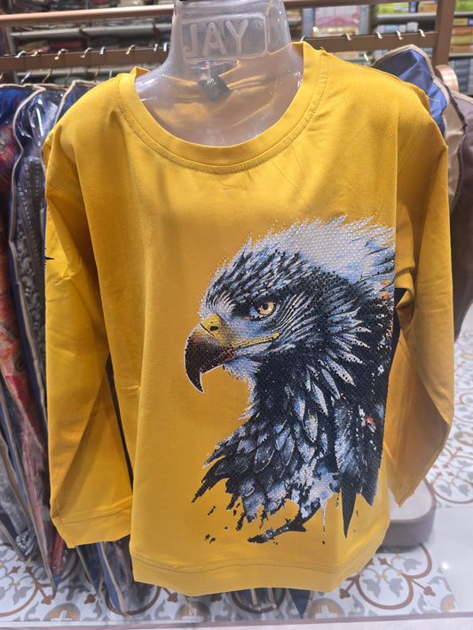 Mustard Imported Stone Digital Owl Print Full Sleeve T-Shirt for Boys – Summer Wear