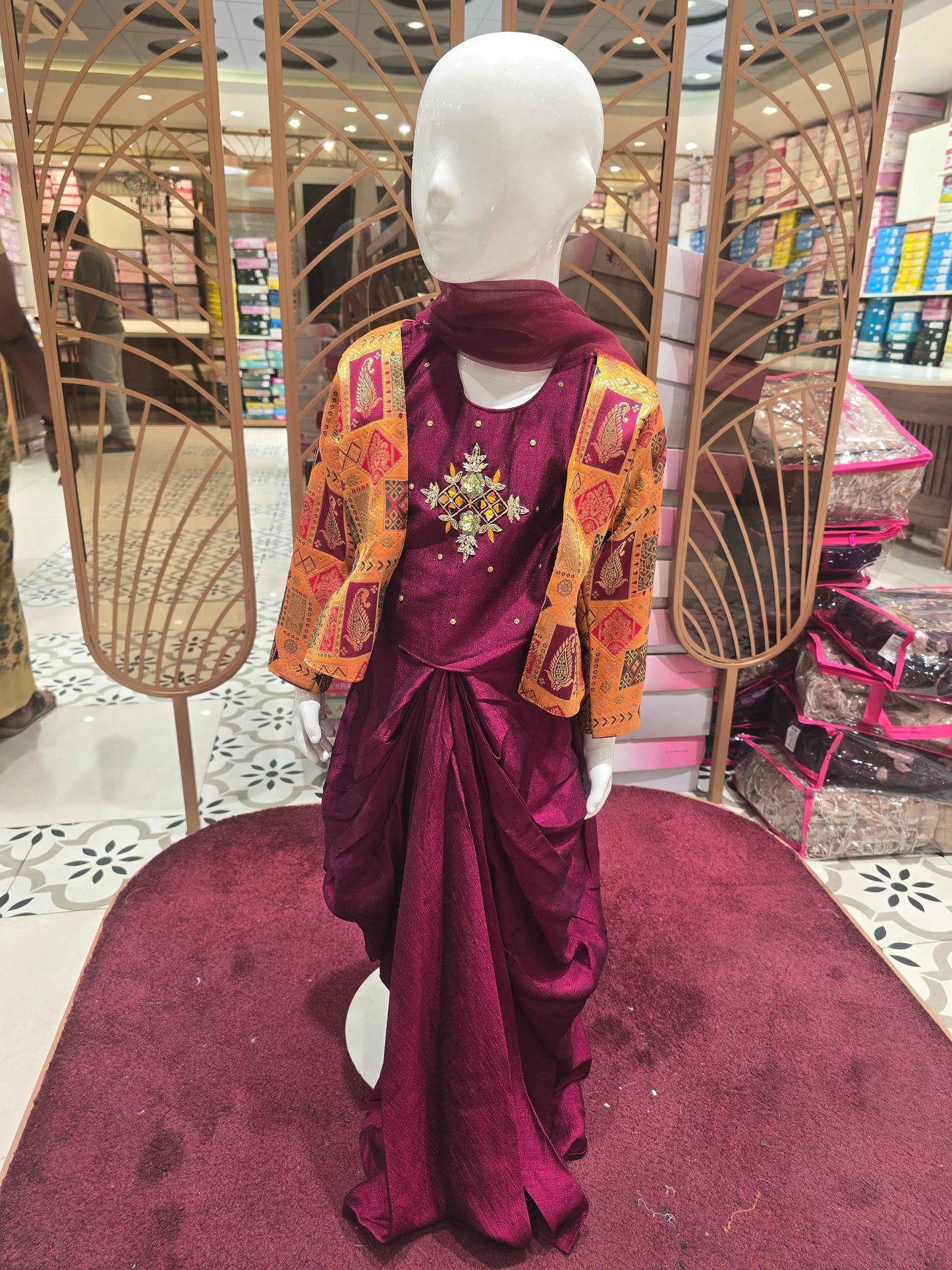Chinon material maroon with mustred colour doti style ethnic wear with detachable banarasi jacket and handwork on top