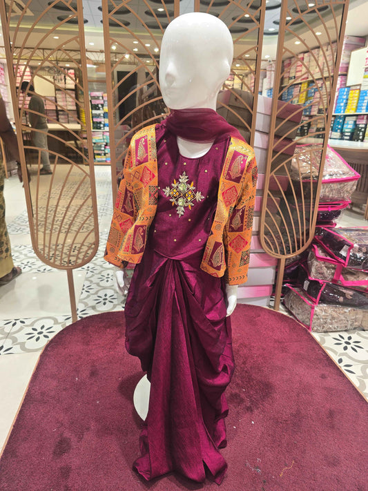Chinon material maroon with mustred colour doti style ethnic wear with detachable banarasi jacket and handwork on top