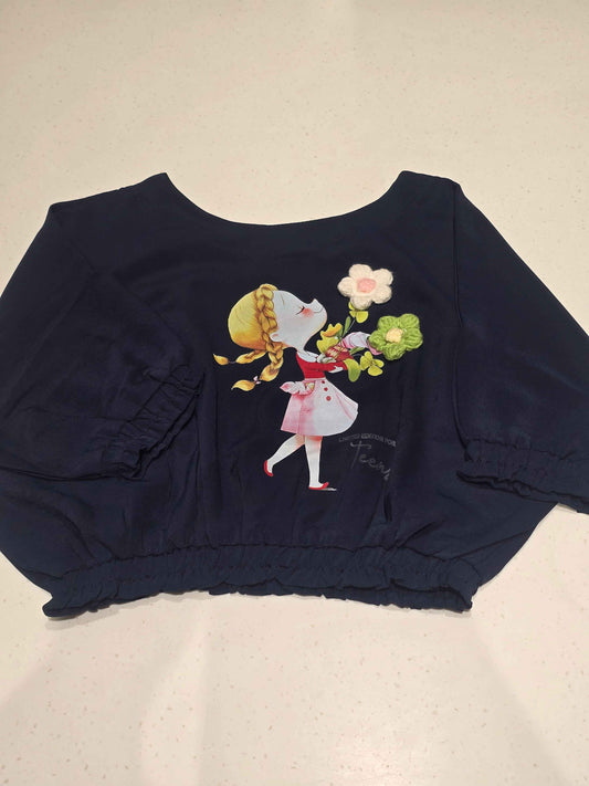 Lycra cotton material denim blue color western top for girls