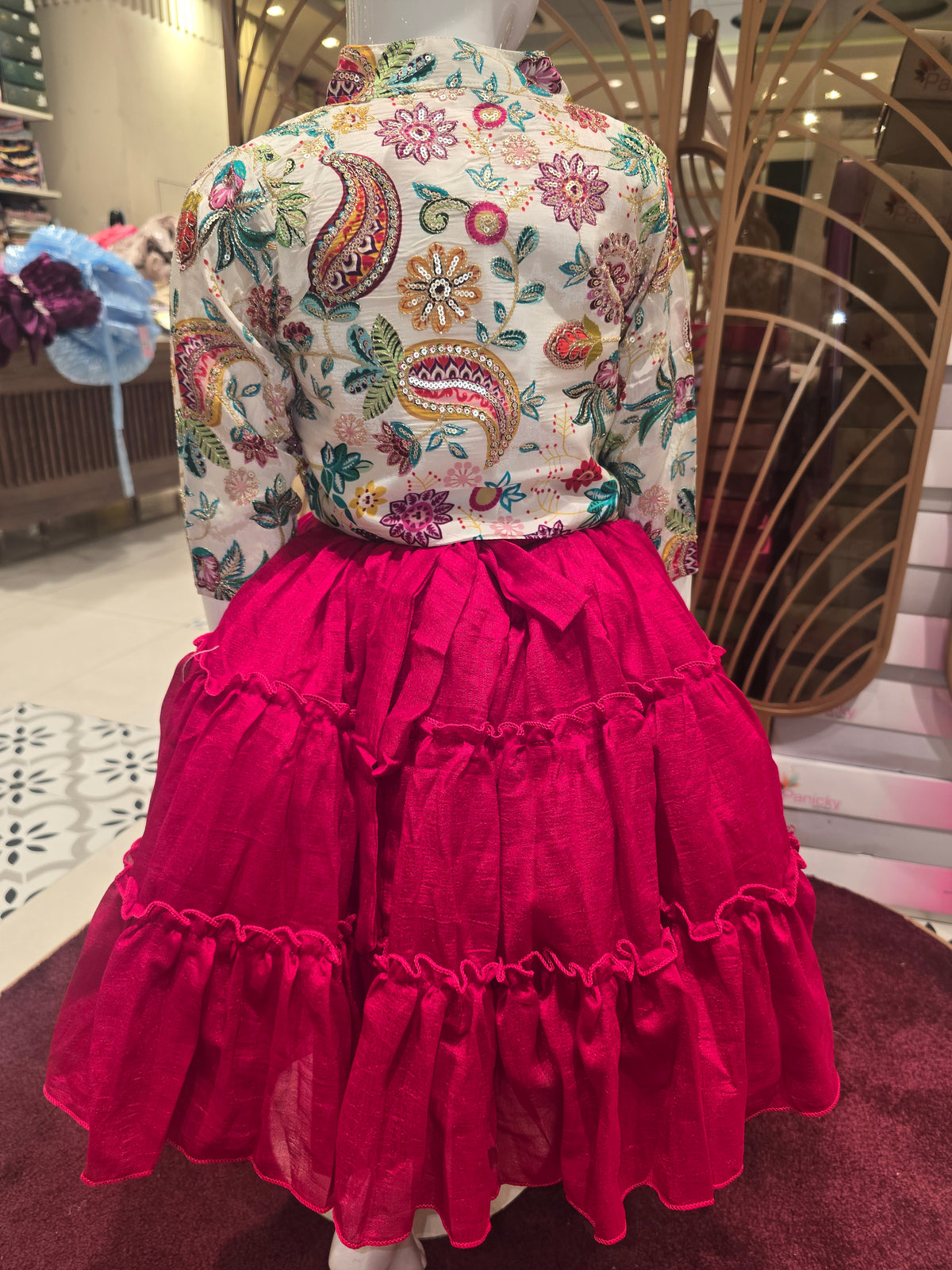 Girls Cherry Red Crepe Short Frock with Printed Open Jacket