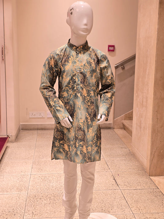 Green Printed Cotton Kurta Set for Boys