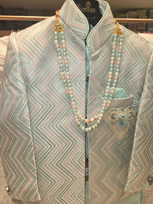 Boys Pista Green Dupion Silk Indo-Western Set with Zigzag Design and Mala