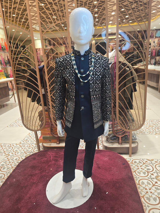 Teal Blue Velvet Junior Indo-Western With Embroidery & Micro Sequins Work (2-Layer Maala)