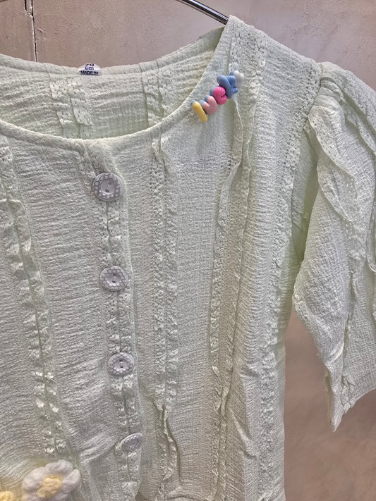 Half White Crush Shiffon Western Top for Girls with Woolen Knitted Flower – Summer Casual Wear