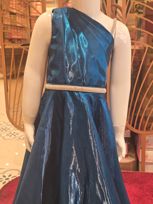 Peacock Blue Satin Party Wear Gown for Girls with Spaghetti Strap Design, Full Sleeve Inner and Stone Waist Belt