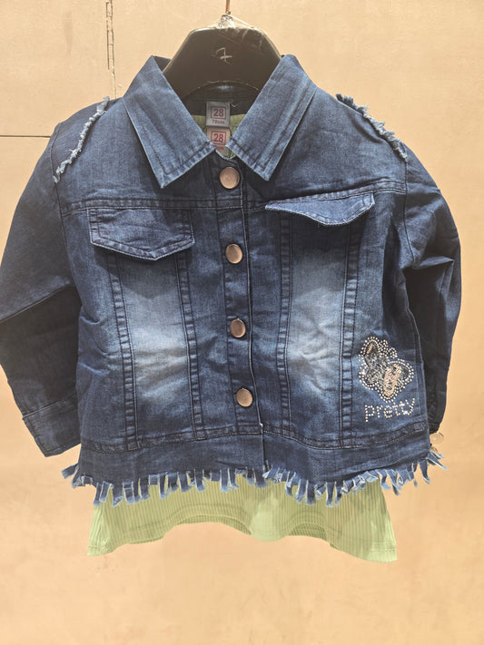 Girl Blue Denim Jacket with Green T-Shirt Set