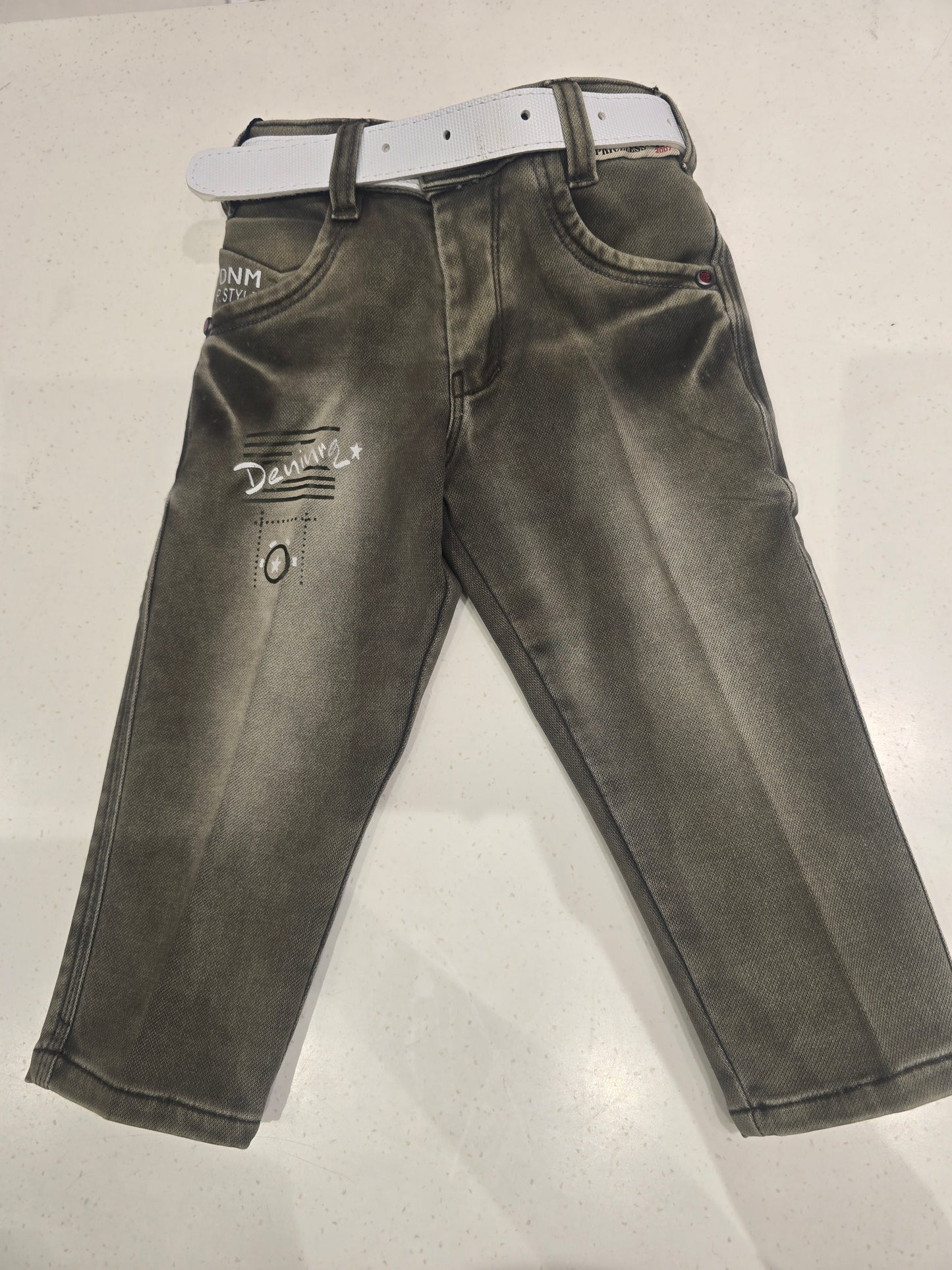 Denim material gray color jeans pant for boys with belt