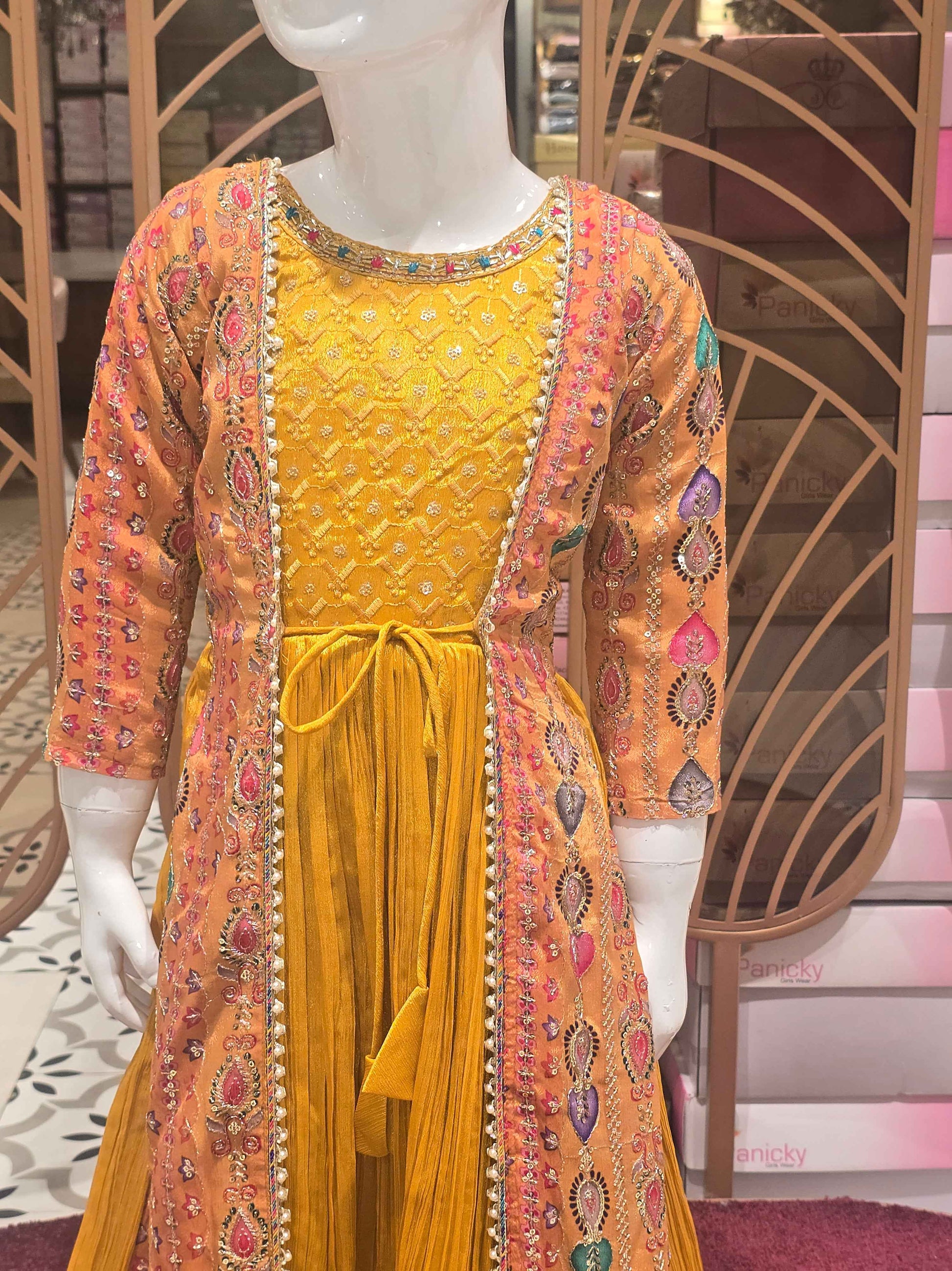 Girl Mustard Crepe Ethnic Gown with Jacket