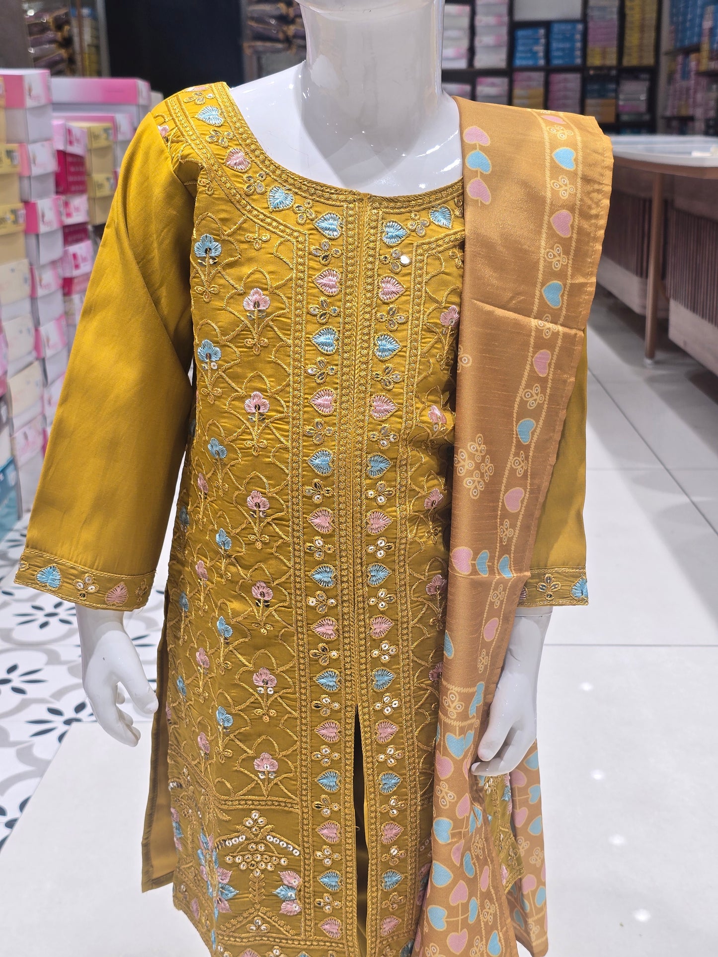 traditional mustard yellow kids' salwar kameez suit designed for girls