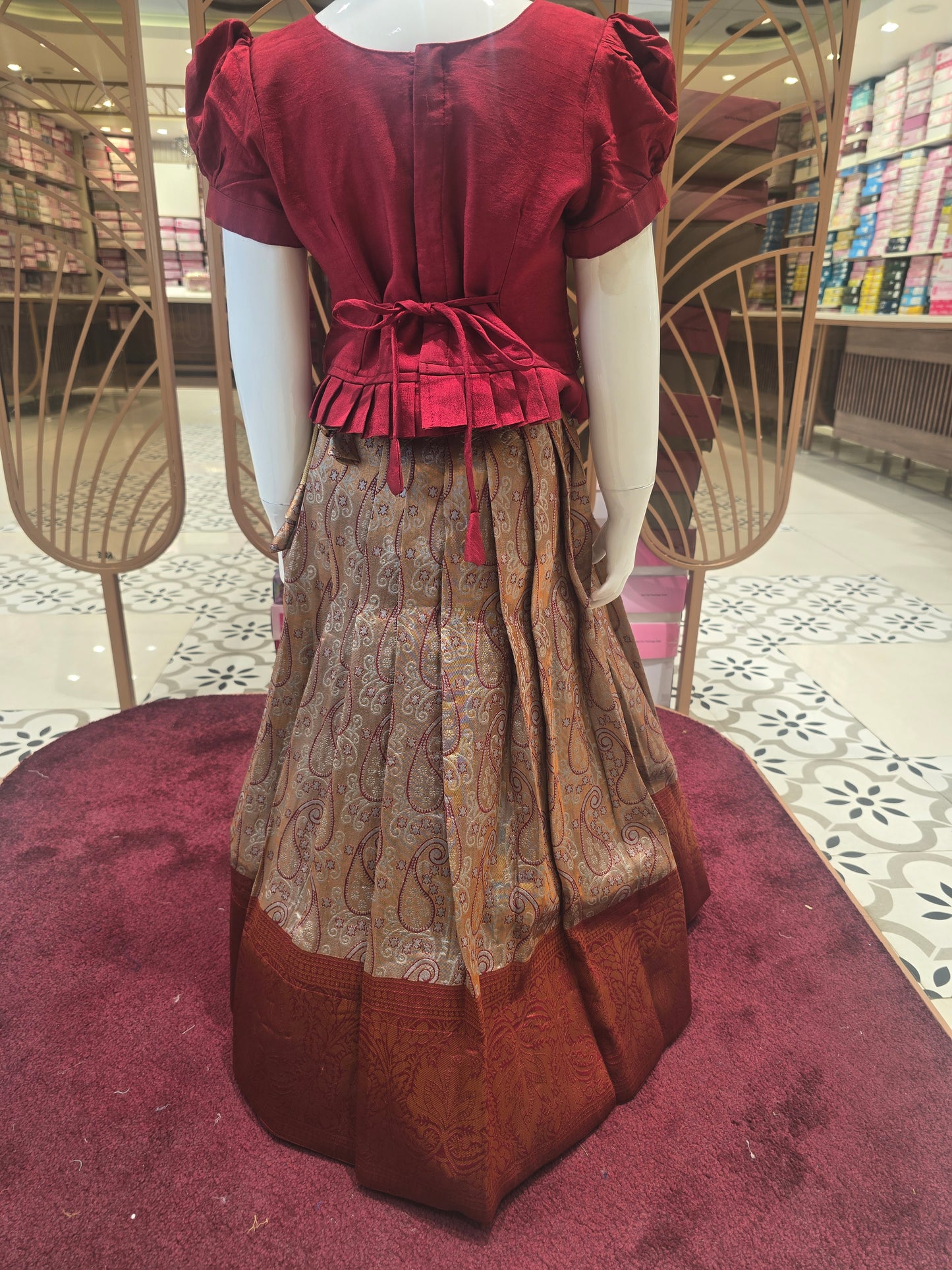 Maroon & Goldish Cream Banarasi Silk Ethnic Langa Blouse Set for Girls with Printed Skirt and Puff Sleeves
