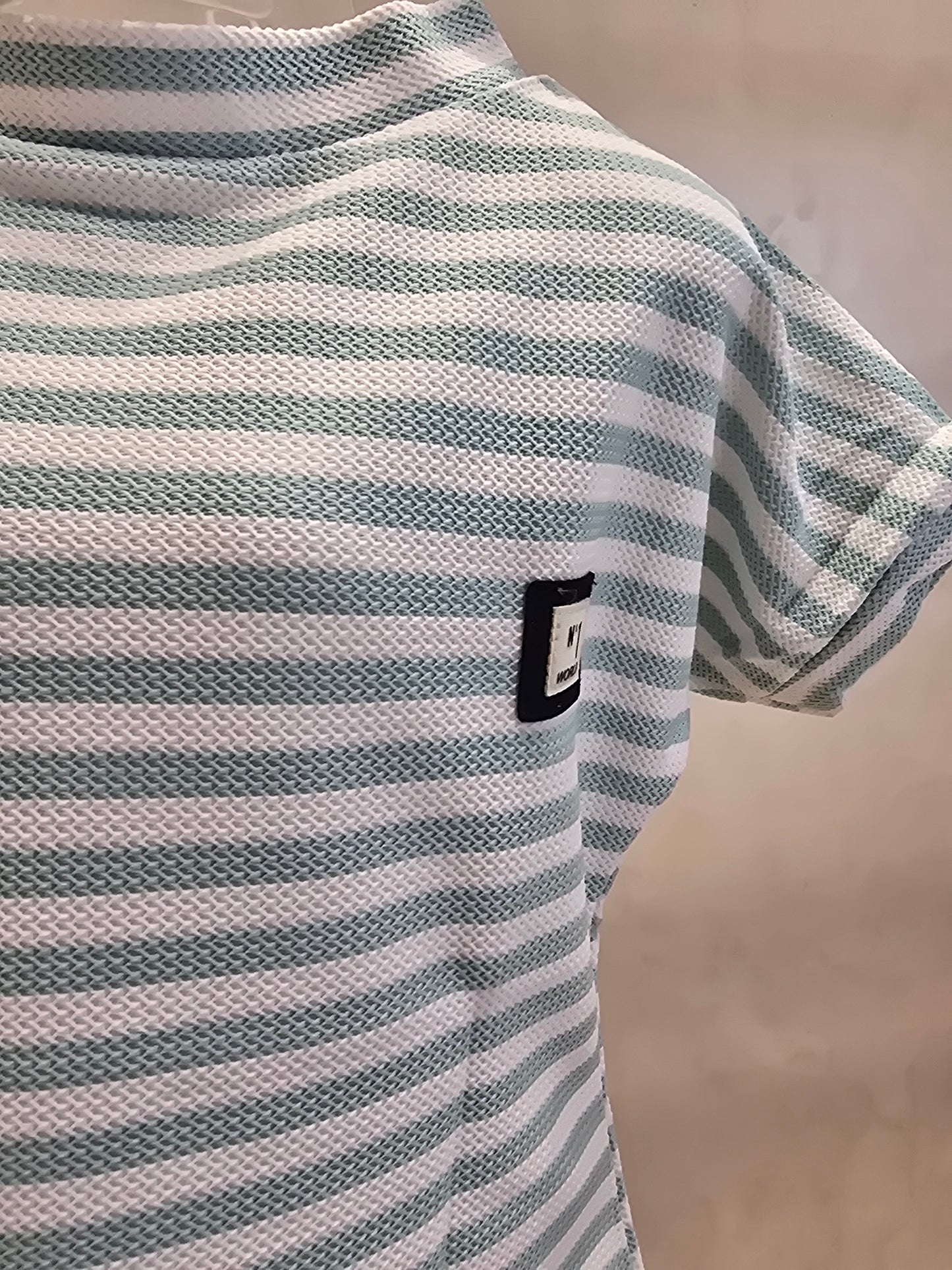 White Hosiery Western Top for Girls with Sky Blue Horizontal Stripes & Rubber Print – Casual Wear