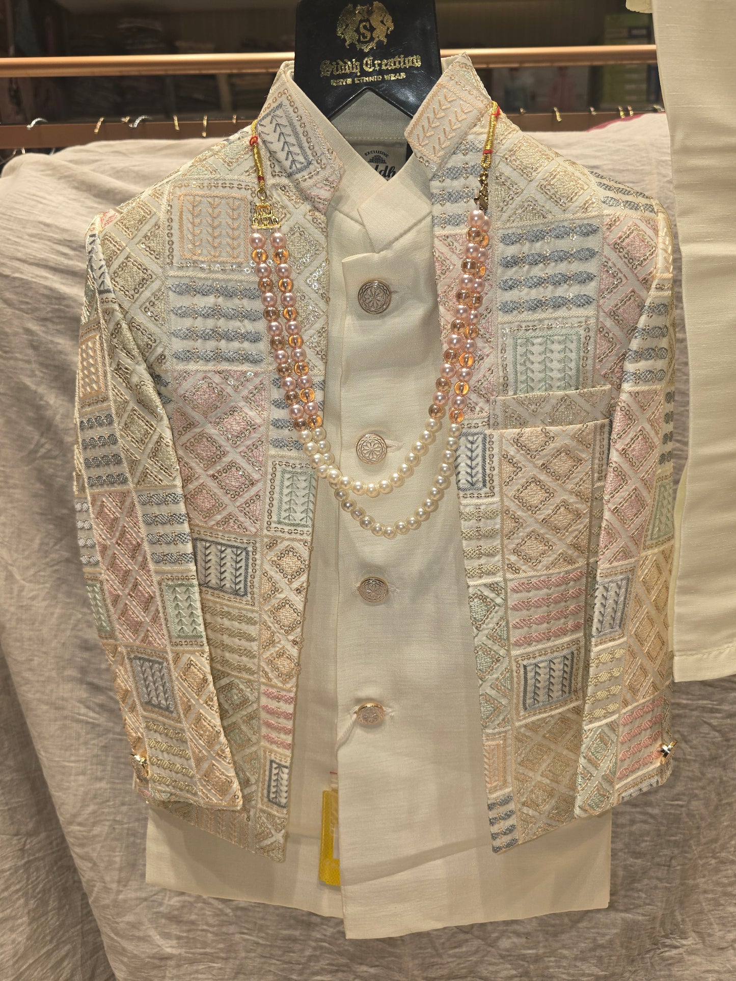 Boys Cream Dupion Silk Indo-Western Set with Multicolour Embroidery and Mala