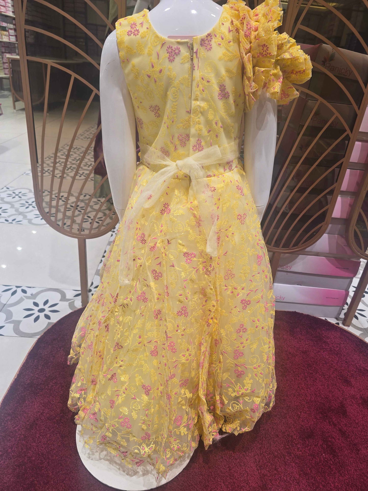 Girls Lemon Yellow Knitted Cold Shoulder Gown