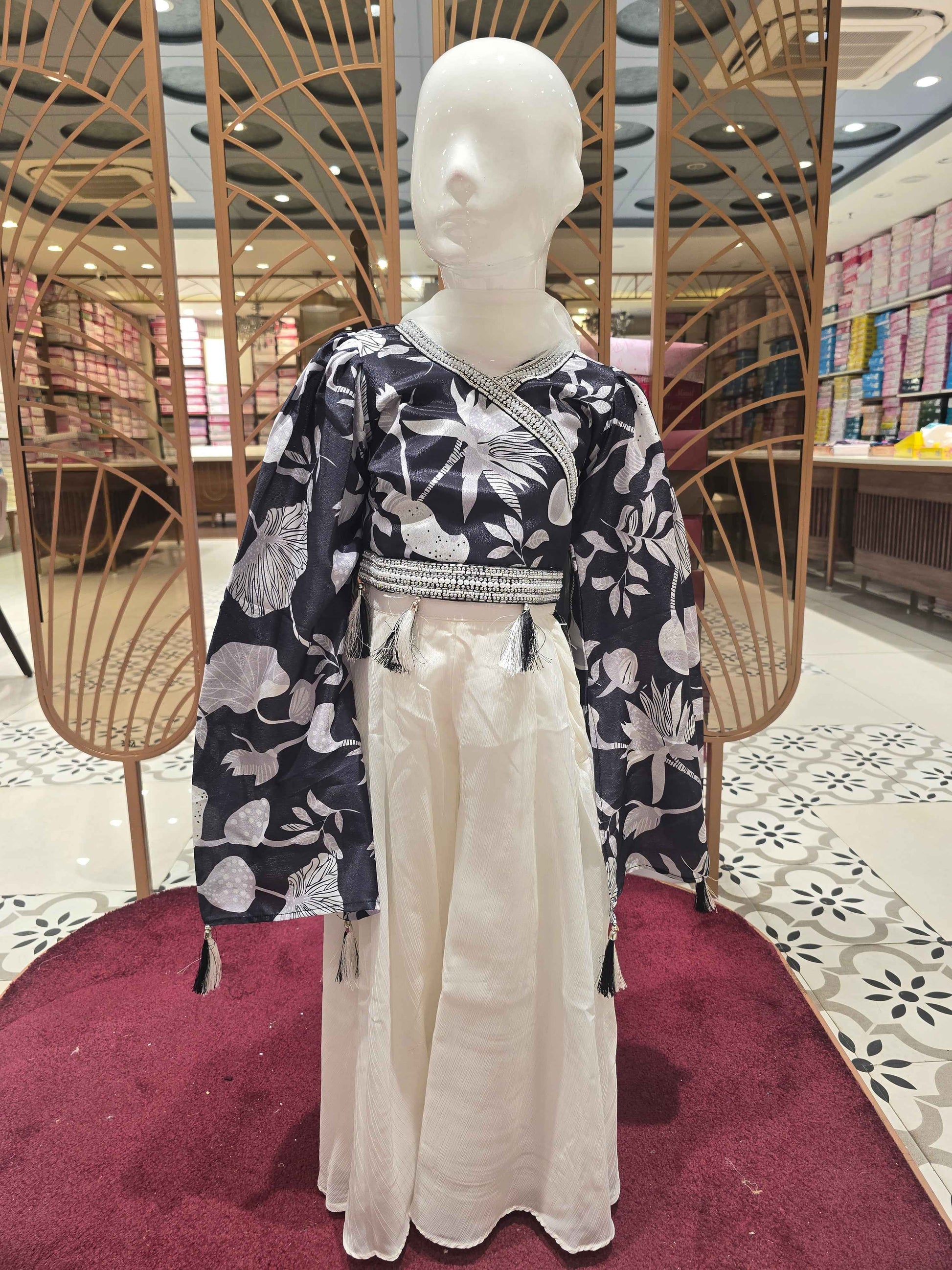 Crepe material black & white colour western plazo sets with floral prints & bell sleeves and dual colour dupatta