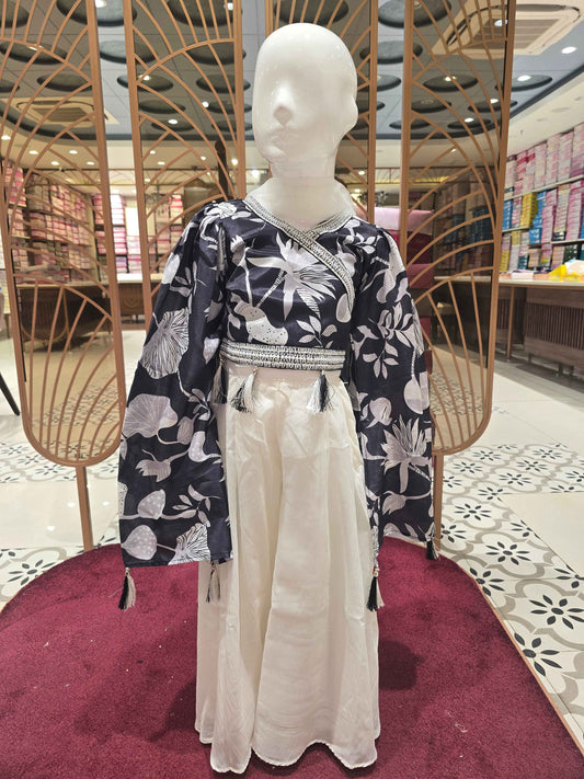 Crepe material black & white colour western plazo sets with floral prints & bell sleeves and dual colour dupatta