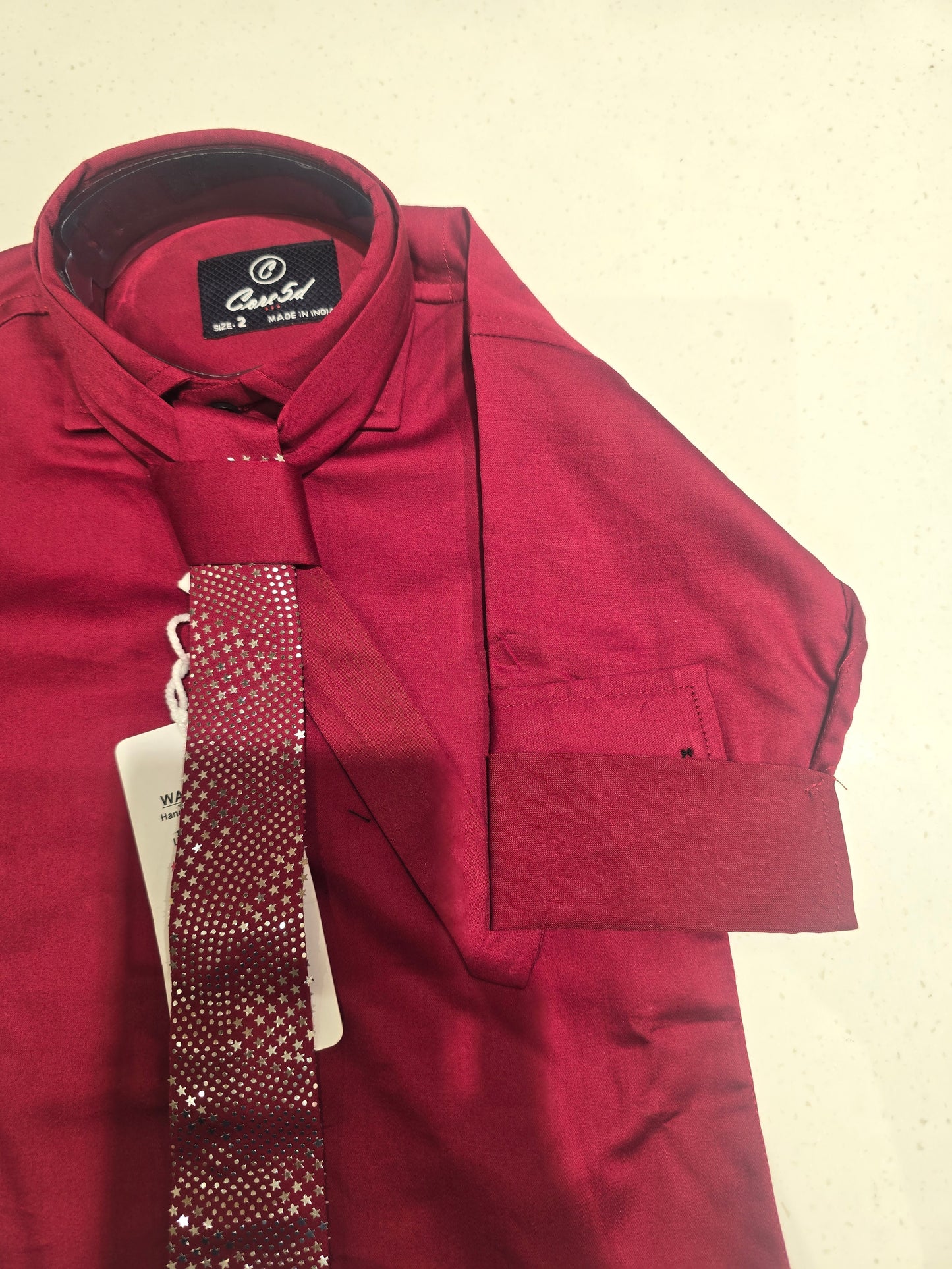 Satin cotton material maroon color shirt for boy with detachable designer tie