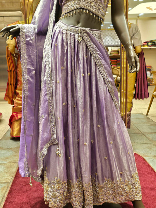 Lavender Tissue Silk Lehenga Choli with Gold Zari and Sequin Hand Embroidery