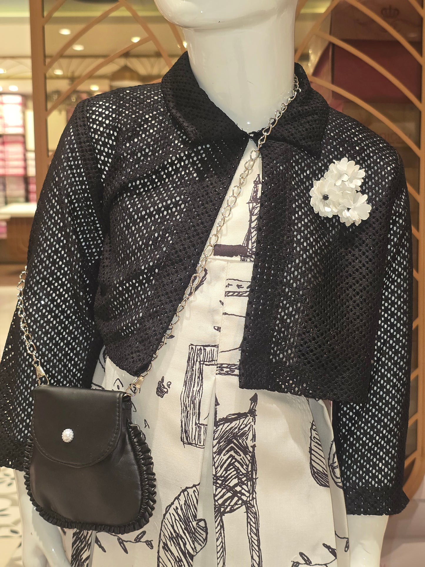 Girls Black White Printed Crepe Dangri Set