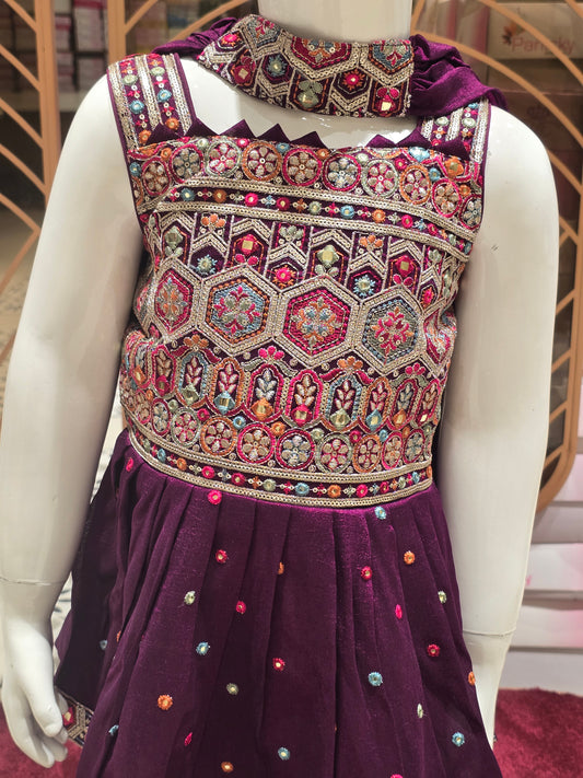 Girls Wine Crepe Sharara Set with Multicolour Embroidery