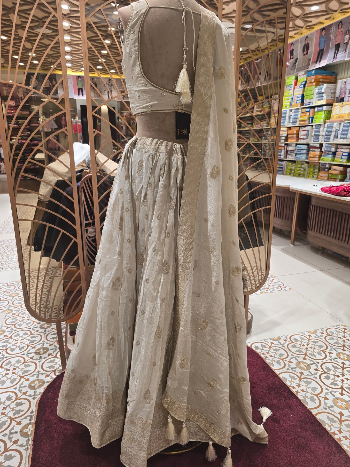 Half White Tissue Banarasi Lehenga with Banarasi Butta & Stone Work V-Neck Blouse | Tissue Banarasi Dupatta