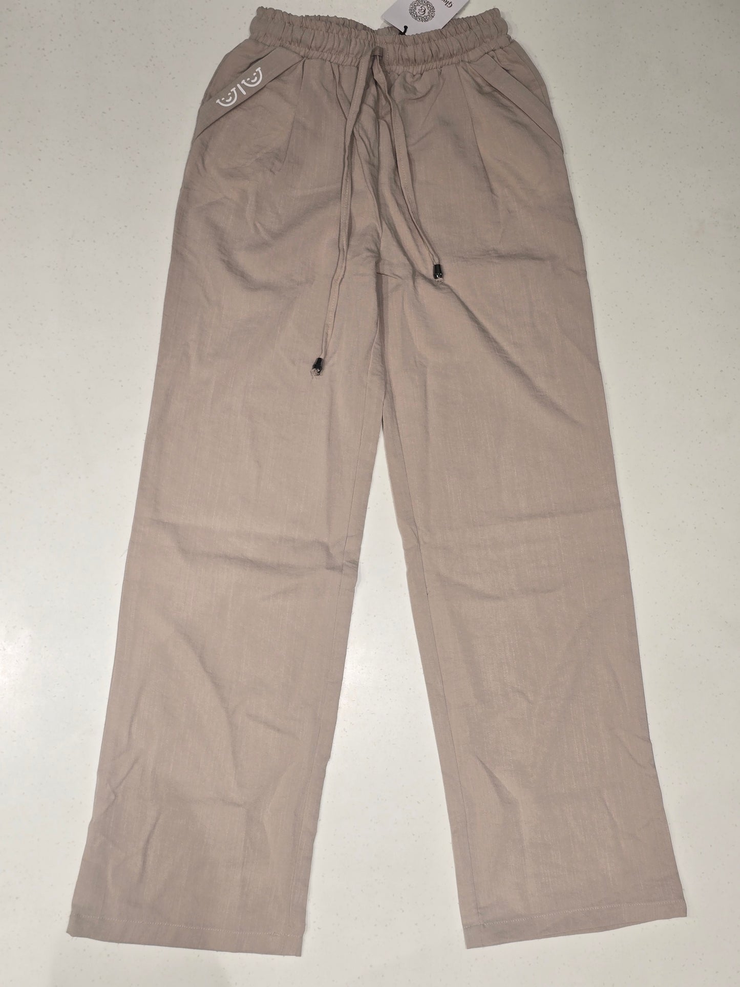 Beige Cotton Linen Wide-Leg Trousers for Girls