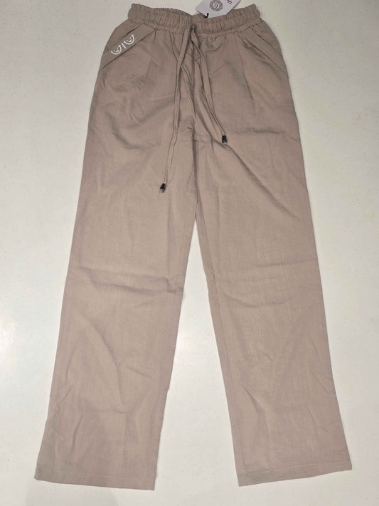 Beige Cotton Linen Wide-Leg Trousers for Girls