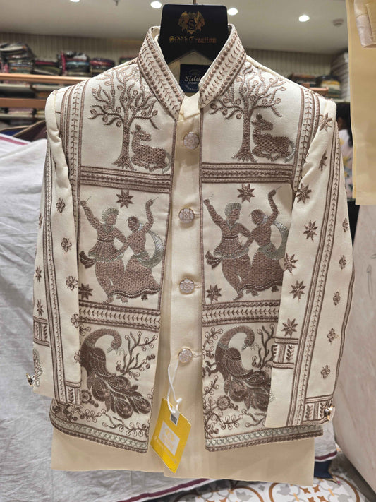 Boys Half White Dupion Silk Indo-Western Set with Mala