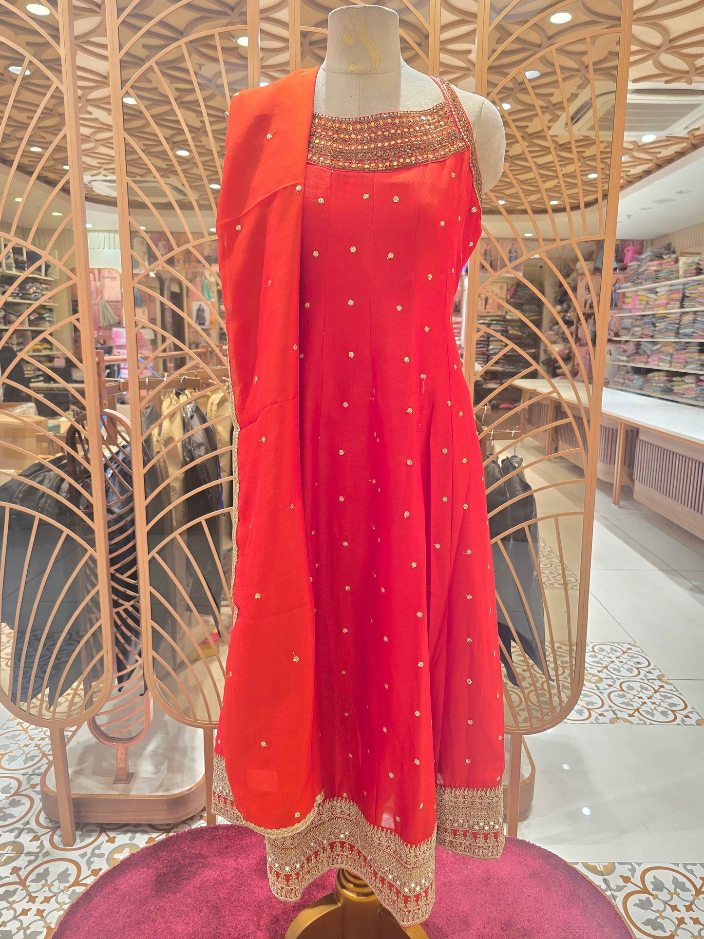 Crepe silk material orange color Anarkali kurta set